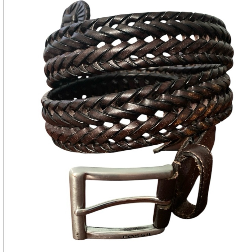 Fossil Belt Mens 36 Brown Braided Leather Minimalist Square Silver Buckle